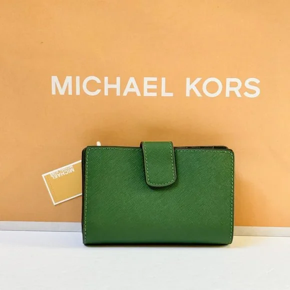 Michael Kors Jet Set Travel Medium Bifold Coin Zipper Wallet Fern Green - Picture 2 of 11